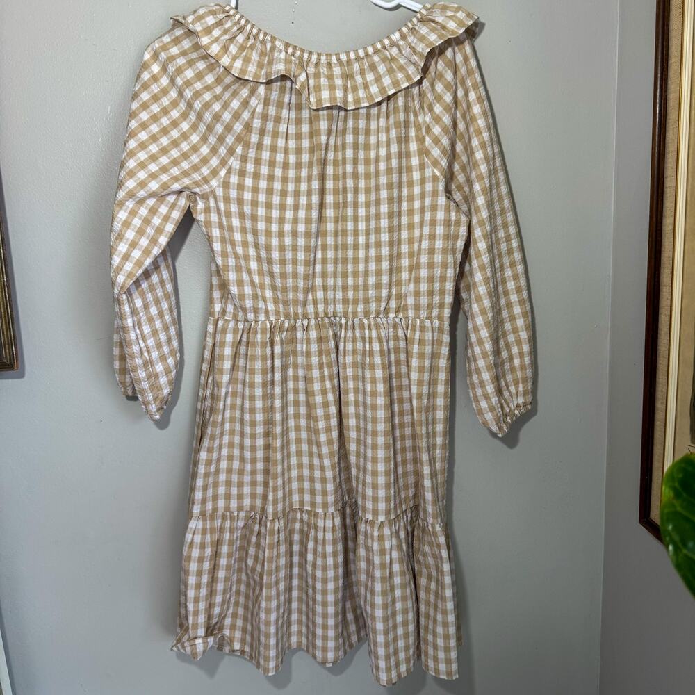 J. Crew Tan Gingham Seersucker Ruffle Neck Tiered Mini Dress